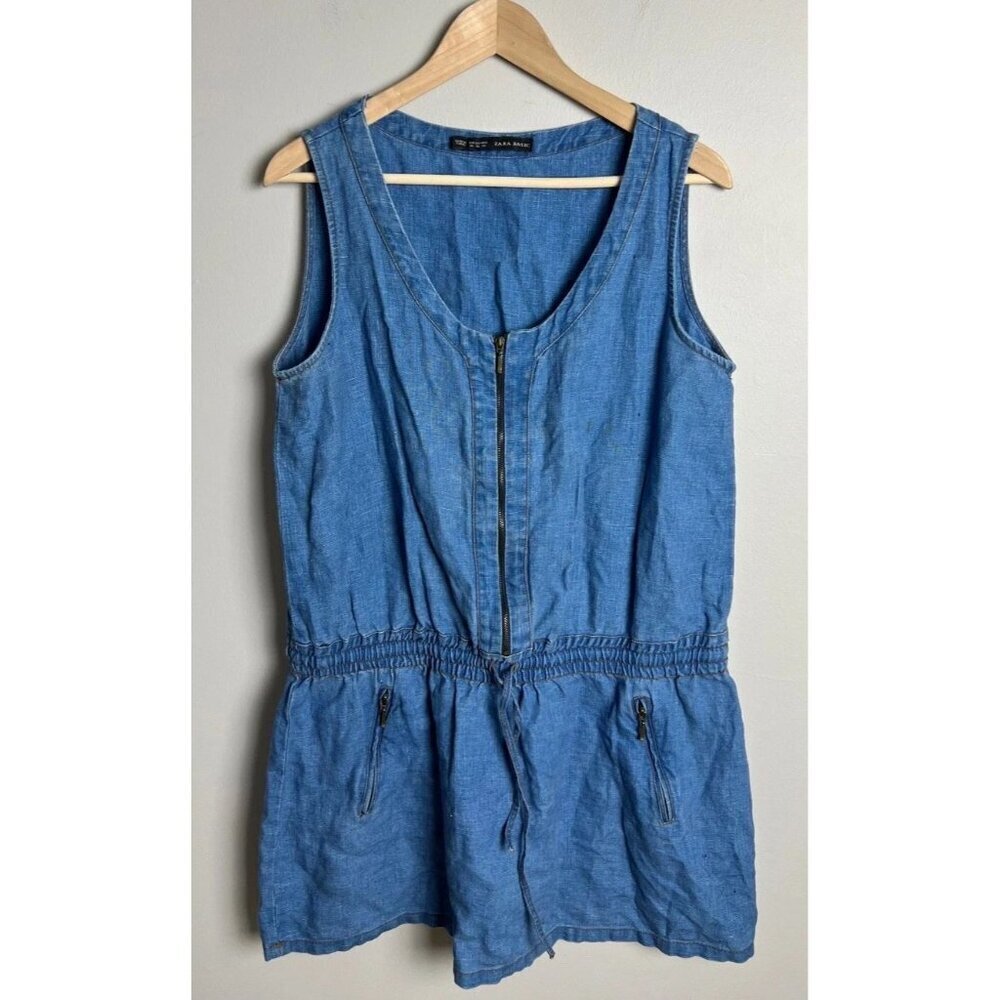 Zara 100% Linen Denim Look Zip Front Drawstring Waist Mini Dress Size XL Women’s